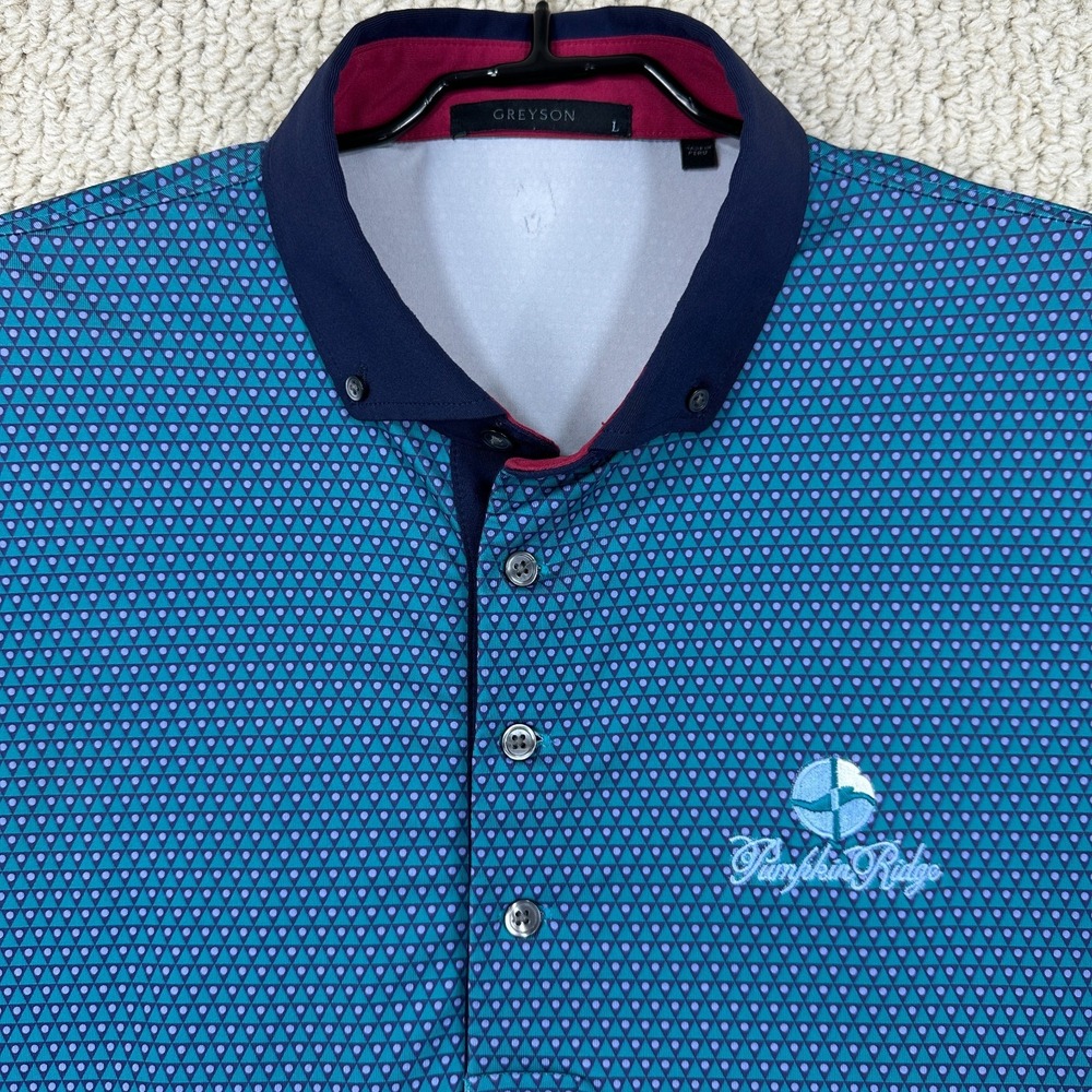 Greyson Polo Shirt Men L Teal Navy Geometric Pumpkin Ridge Logo Performance Golf